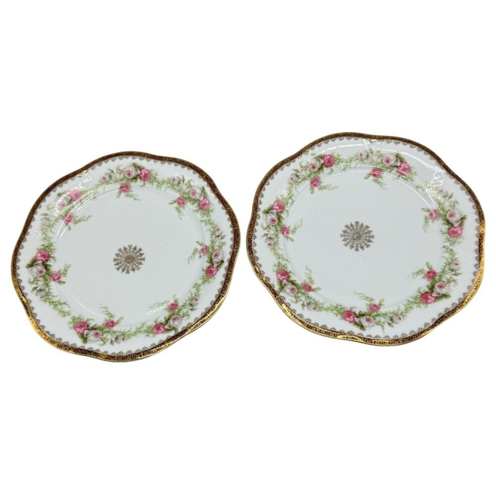 Antique Mignon Z.S. & C Bavaria Porcelain Dessert Plates Set Of 2 With Gold Trim